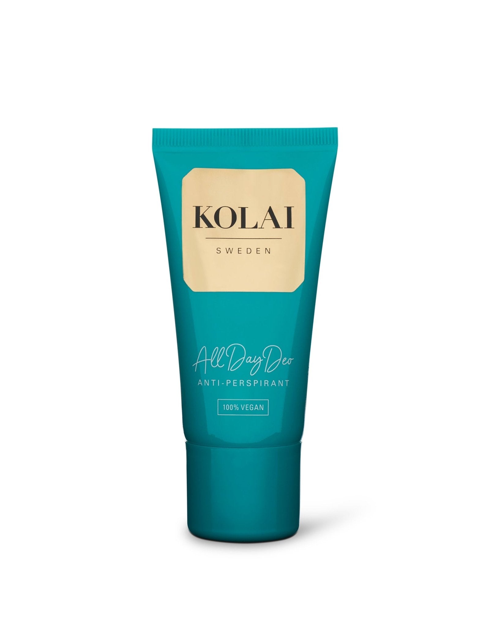 Kolai All day deo, turkos tub med guldig logotyp, på vit bakgrund, 75ml.